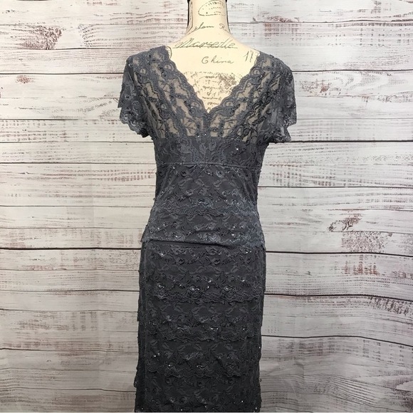 Marina Dress Short sleeve gray deep v-neck lace dressy formal midi dress - Picture 4 of 8